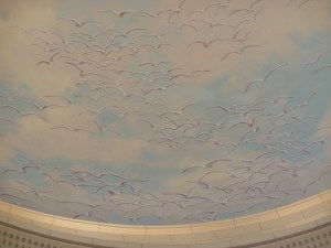 On dome, according to legend, seagulls helped save Mormon pioneers first harvest from insects 