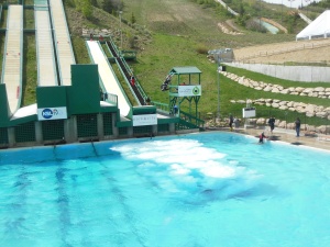 Aerial ski practice area with pool 