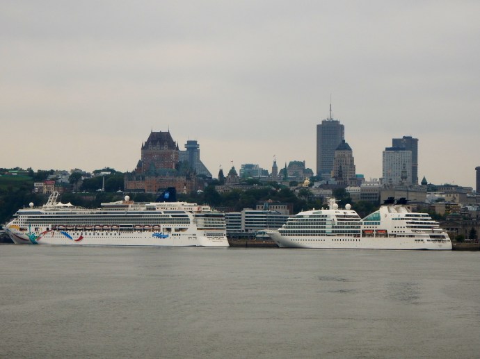 Cruise ships in Quebec Harbor, Chateau Frontenac in  background
