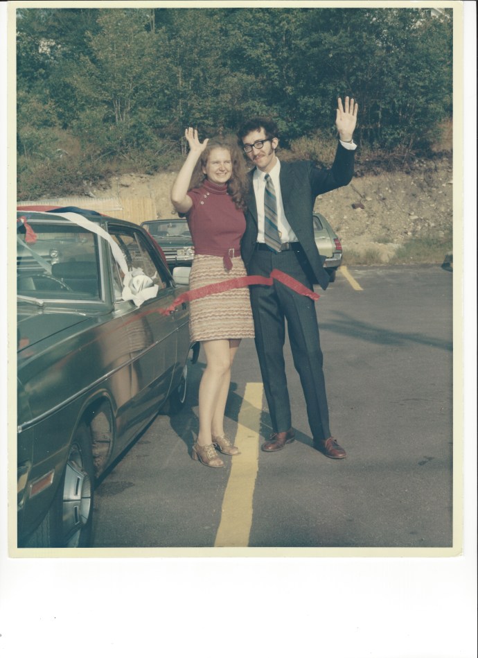 Ed, Chris and our Dodge Dart as we begin our honeymoon, Sept 9, 1972 