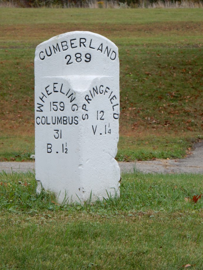each state placed a marker at every mile along the national road, this is Ohio's style. It tells a traveler the nearest towns and how far from the ends of the road