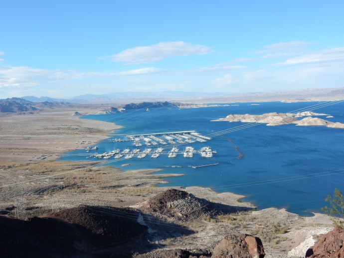 Lake Mead at much lower  level, note salt level on island and how far marina has been moved from plains to the left