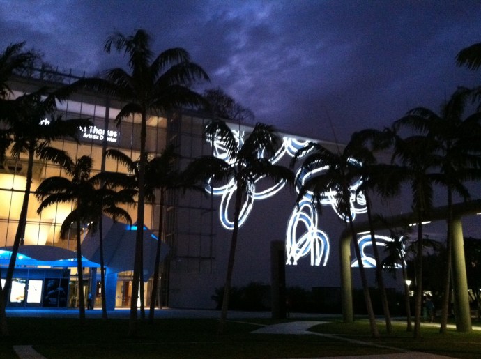 The wall cast at New World Symphony. We chose a spot with a back rest, even though it meant looking through the leaves