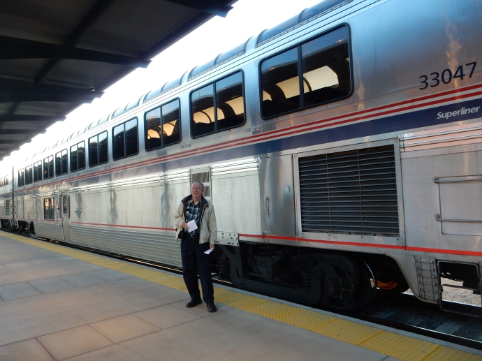 Ed and Amtrak observation car at Union Depot in St. Paul