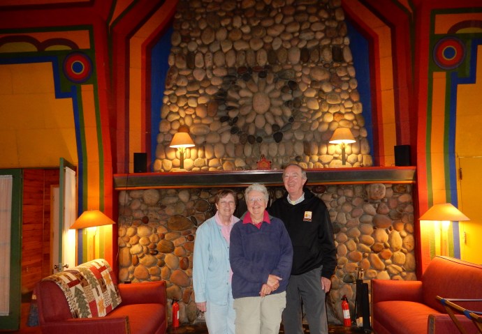 Dinner at Naniboujou Lodge with the fireplace and Cree Indian design in background