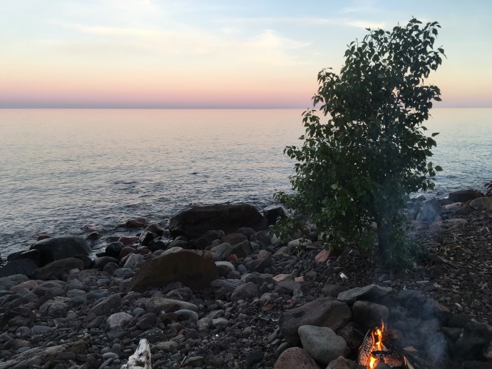 Sunset at Lake Superior with our fire Thursday night