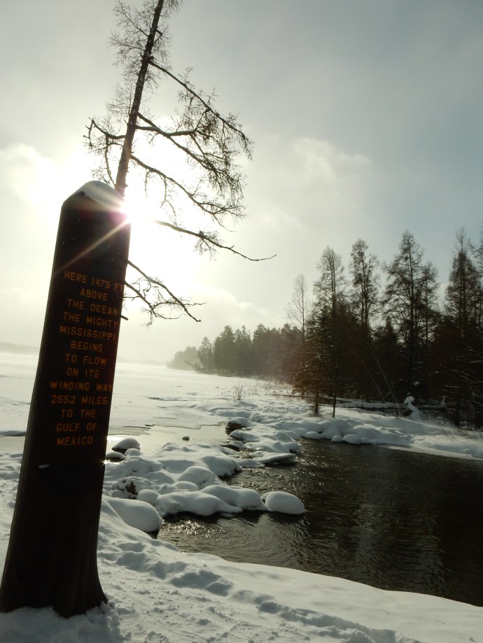 Mississippi River Headwaters marker as the river exits Lake Itasca